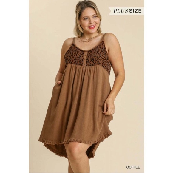 Umgee Dresses & Skirts - 🔥UMGEE Plus Size Coffee Brown Animal Print Button Front Spaghetti Strap Pocket…